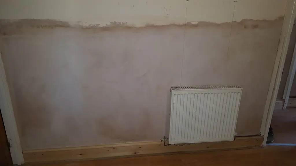 Low-level damp proofing treatment on a radiator wall