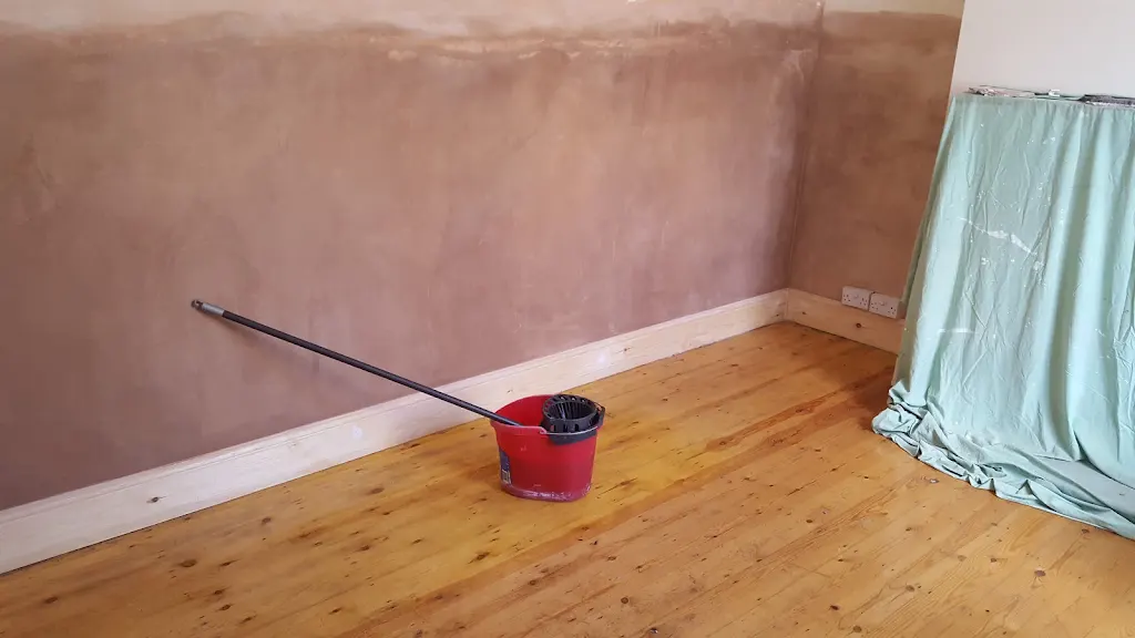 Freshly plastered lower wall after damp proofing work